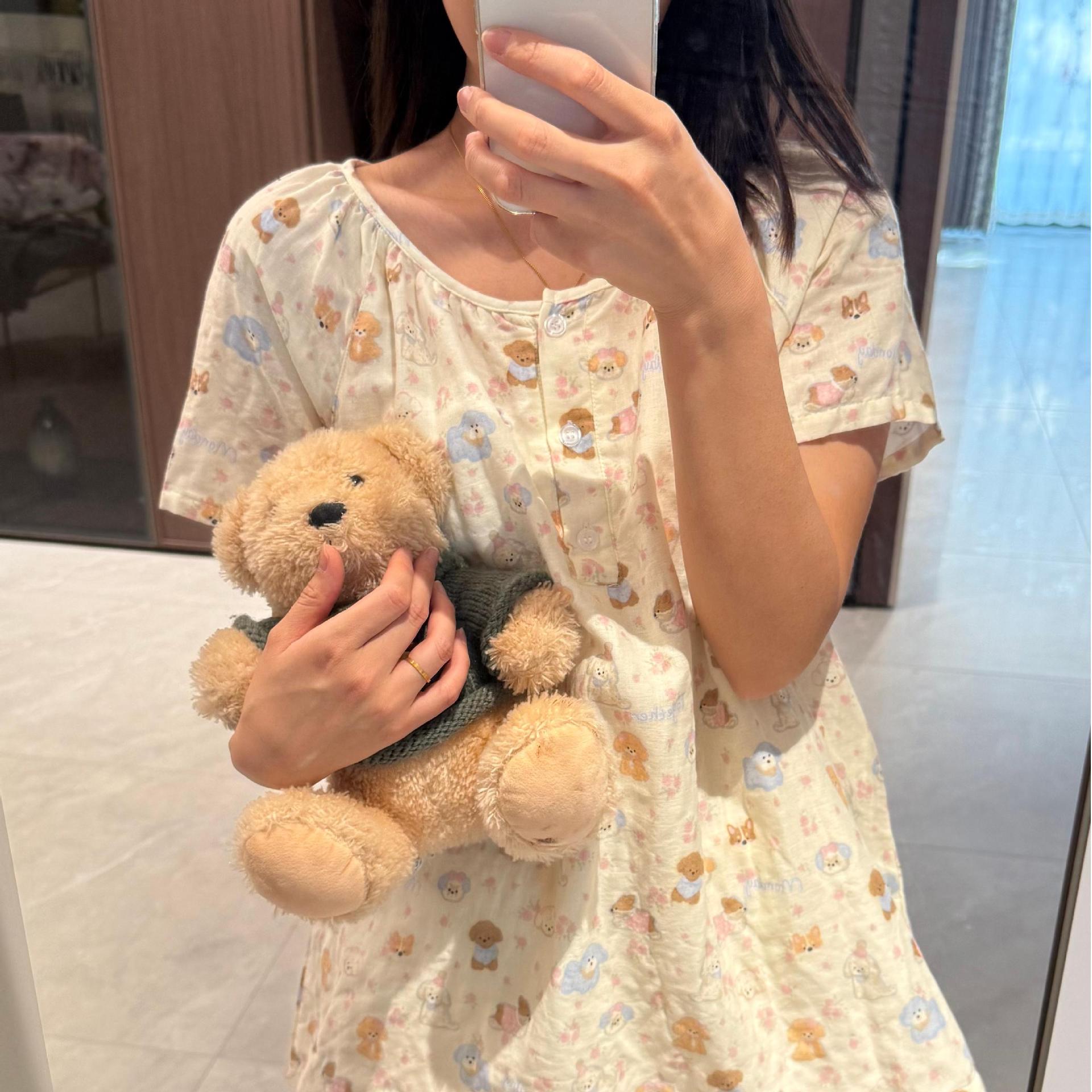 Class A all-cotton double-layer yarn round-neck pajamas, short sleeves, long sleeves, shorts, long pants, postpartum home wear set, cartoon breathable pic 23