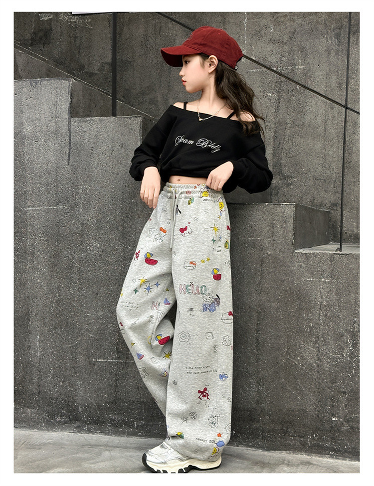 女大童春装休闲裤2025新款初中生学生裤子洋气涂鸦阔腿裤女孩卫裤详情20