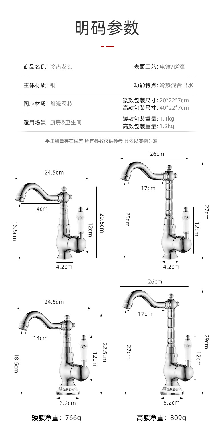 法式黄铜复古水龙头厨房家用浴室柜洗漱台面盆冷热防溅水龙头金色详情5
