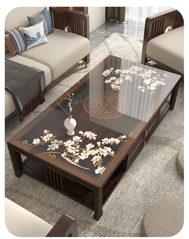 国潮新中式茶几垫古典中国风茶几桌布防水防油免洗pvc半透实木餐桌垫详情24