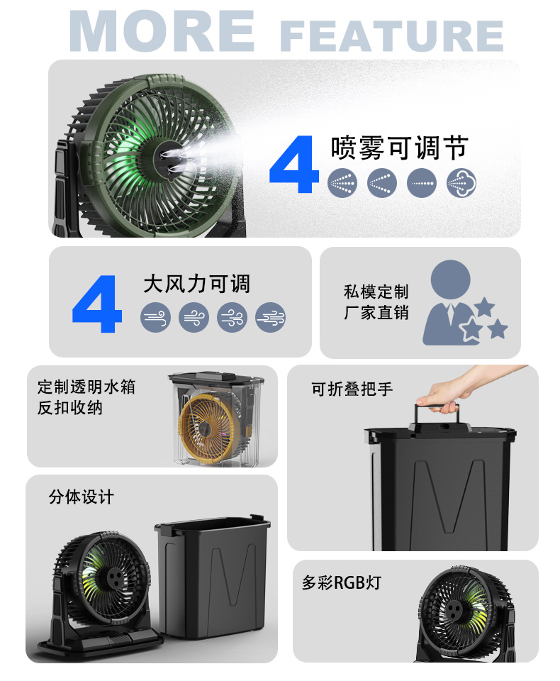 户外便携遥控喷雾风扇加水加冰露营电风扇超大续航RGB灯10L日用百货居家迷你手持扇详情4