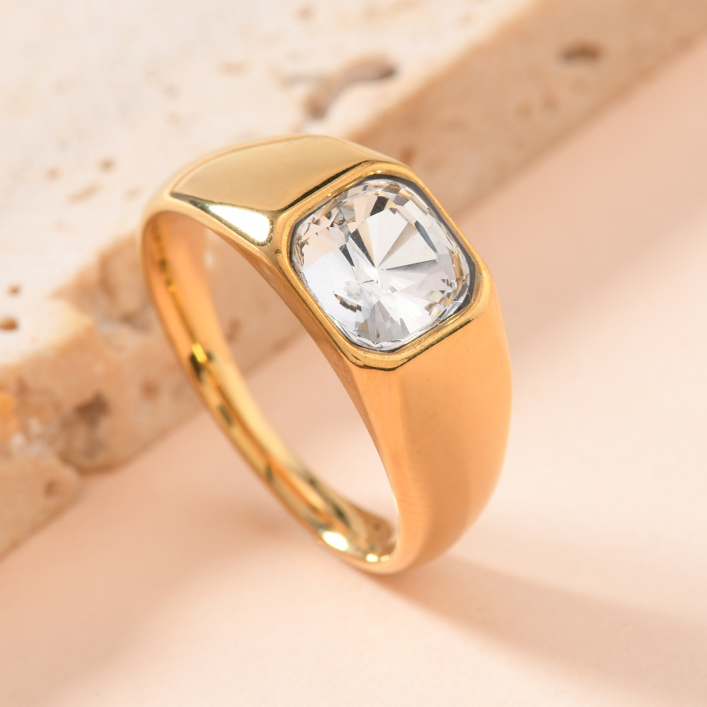 欧美跨境不锈钢铸造饰品男女通用 镶方形彩钻戒指镀18k金锆石戒指详情6