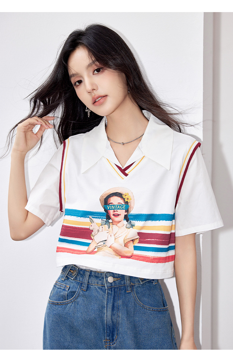 G9068假两件衬衫女装2024夏女孩印花彩绘韩版设计感别致短袖上衣详情11