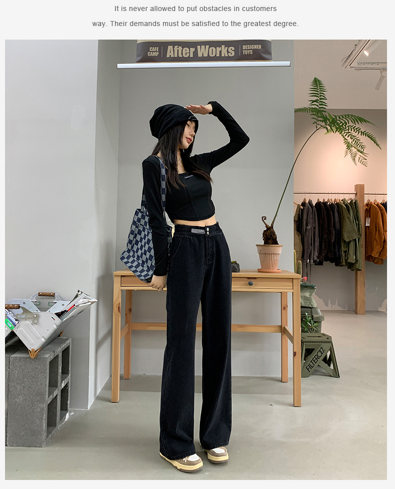 外贸定制双扣阔腿牛仔裤女2024秋爆款小个高腰显瘦垂感直筒拖地裤详情13