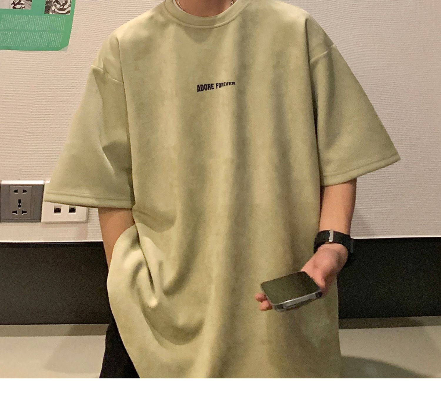 Avocado Green 320g heavyweight T-shirt for men, American retro suede short-sleeved, oversized small collar, three-quarter sleeve pic 7