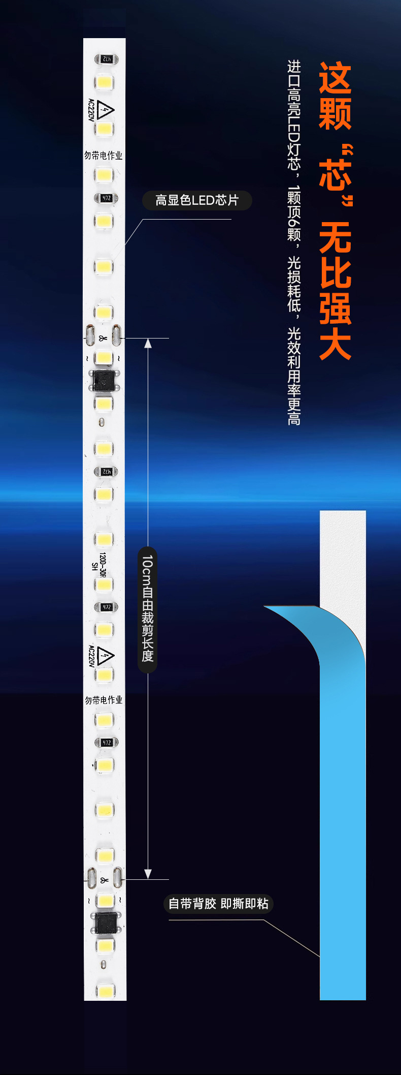 220v直连led灯带吊顶线灯贴片线条灯展示柜免走线自粘灯条高亮度详情7