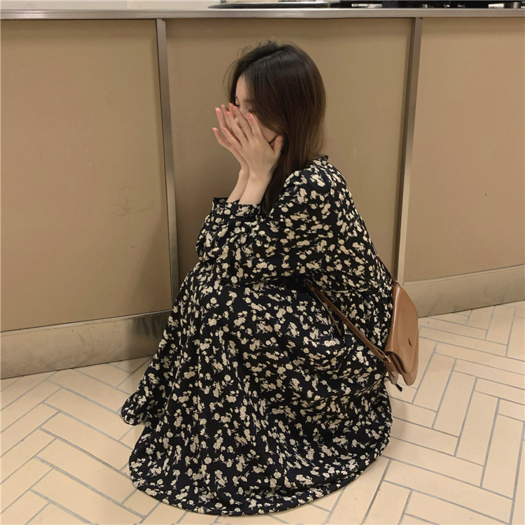 温柔风碎花V领连衣裙女春夏2025新款长款过膝高腰气质长袖A字裙子详情16