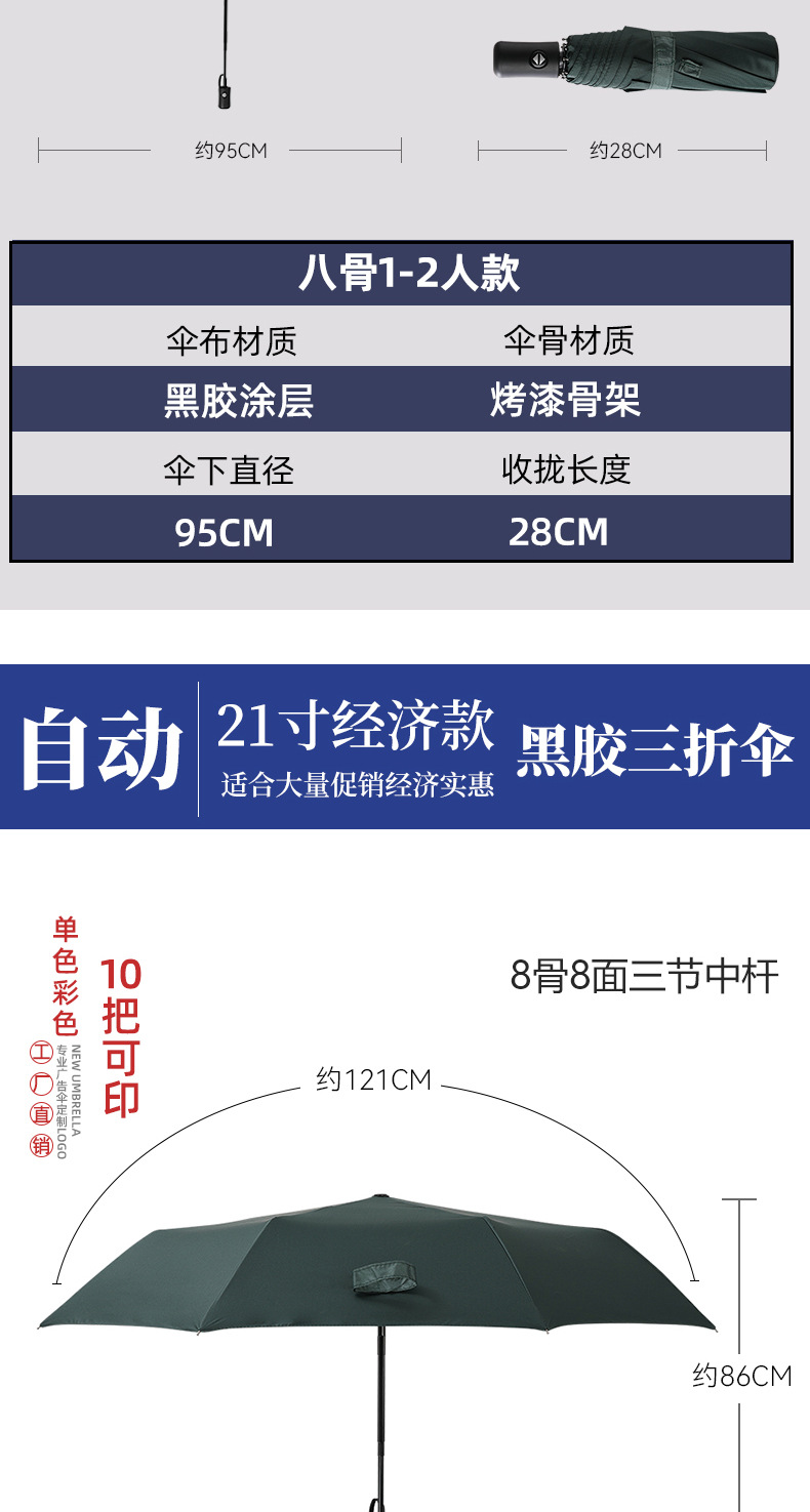 三折自动雨伞定制批发折叠广告伞印logo防晒遮阳加大晴雨两用黑胶详情9