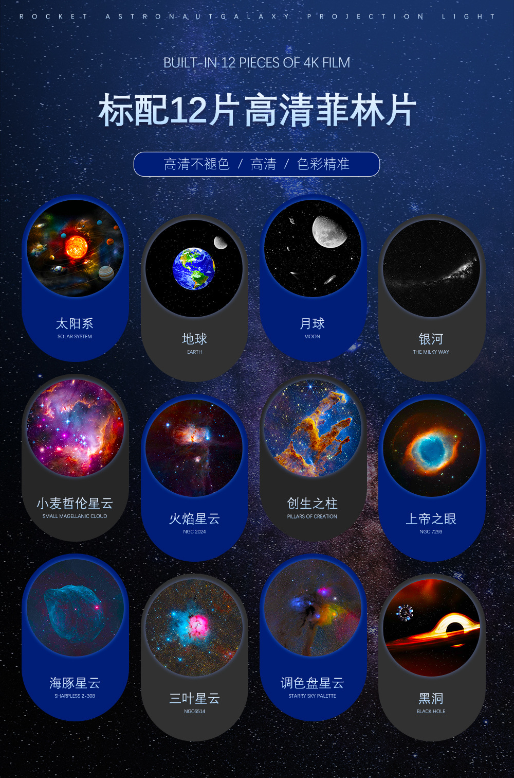 新品火箭宇航员银河星空投影灯卧室氛围灯宇宙星系高清调焦投影灯详情11