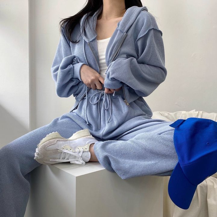 春秋季薄款时尚套装休闲宽松直筒裤女套装宽松显瘦拉链连帽两件套详情10