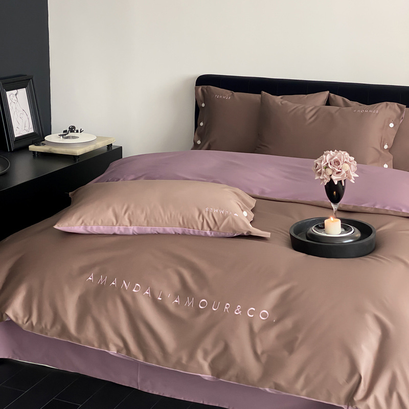 Simple, light luxury and fashionable solid-color long-staple cotton four-piece set, pure cotton letter-embroidered duvet cover, double bedding pic 50
