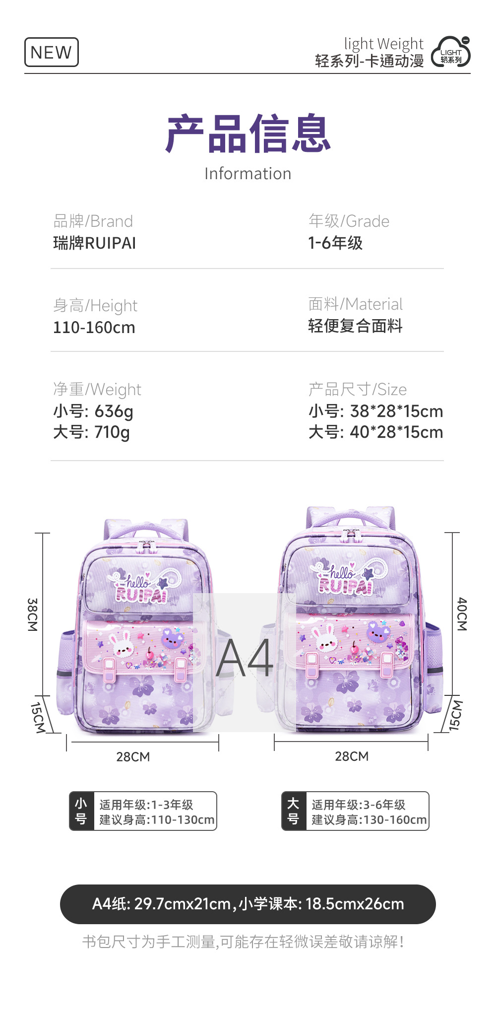 New large-capacity, lightweight and water-resistant Rui brand cartoon schoolbag for girls in grades 1 to 6 of primary school pic 9