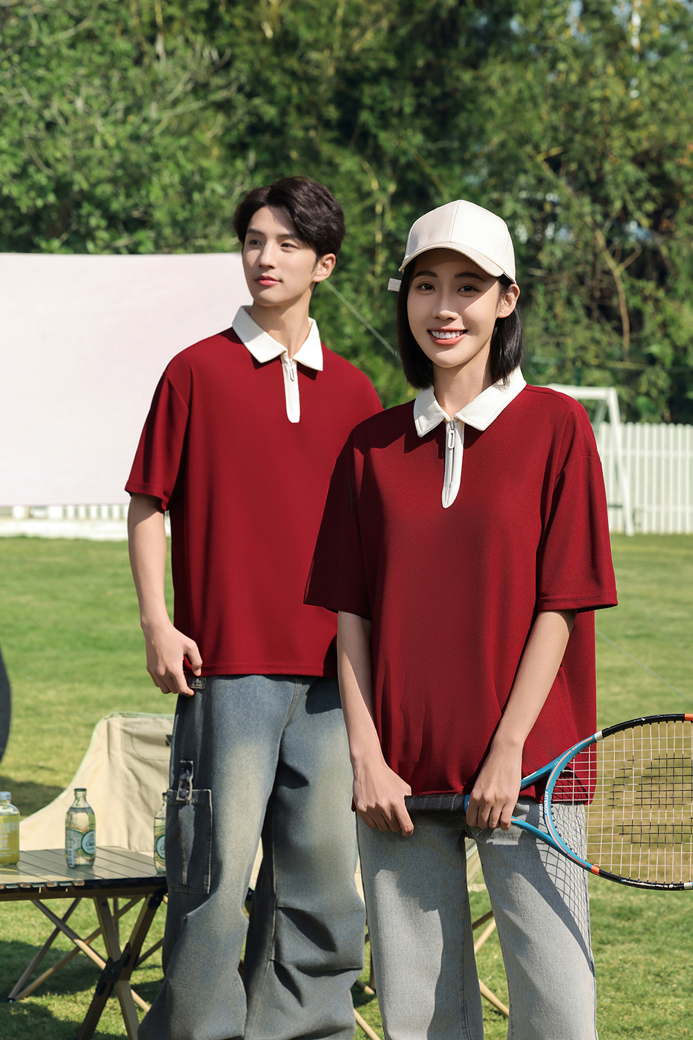 半拉链撞色polo衫工作服定制落肩翻领短袖刺绣学院风个性班服印字详情29