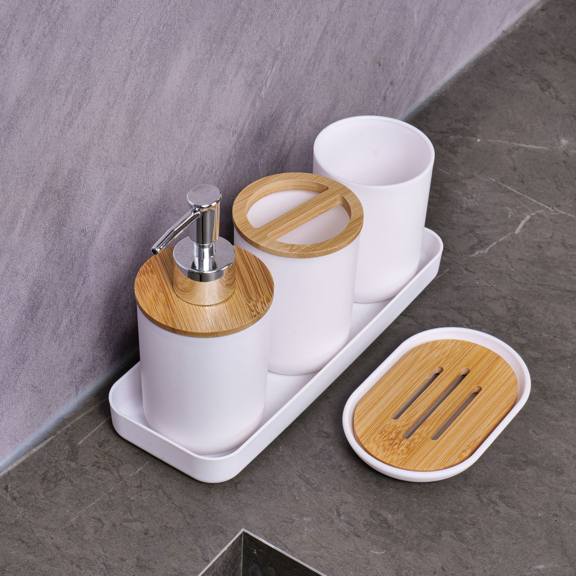 YUFEI跨境卫浴洗漱竹木六件套乳液泵牙刷杯肥皂盒北欧风简约套装详情10