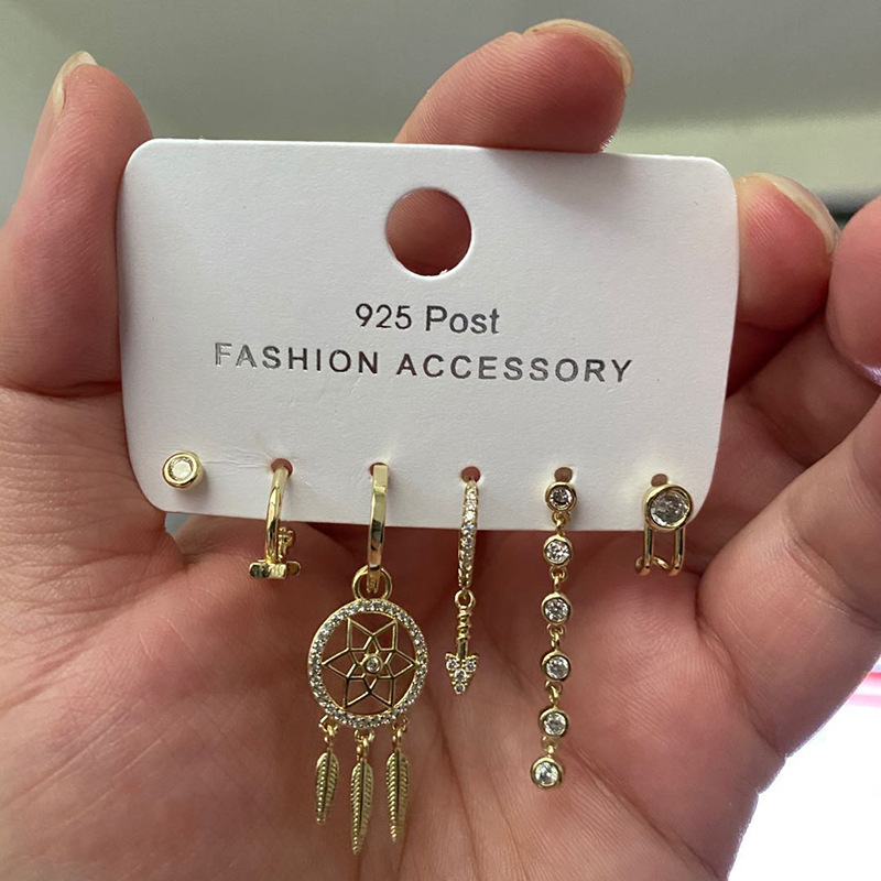 Six sets of high-end Korean-style earrings and earrings with a fashionable and versatile dreamcatcher micro-inlay zircon tassel arrown ear clip pic 2