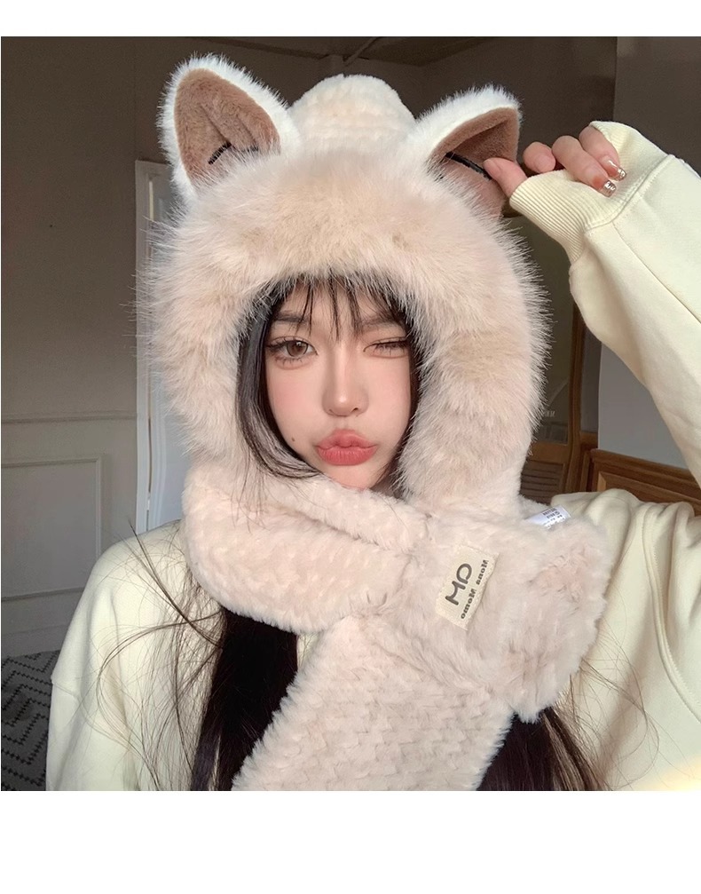 Fox ear hat for women, new autumn and winter fashion, scarf and scarf, warm and cute fur all-in-one hat for women pic 11