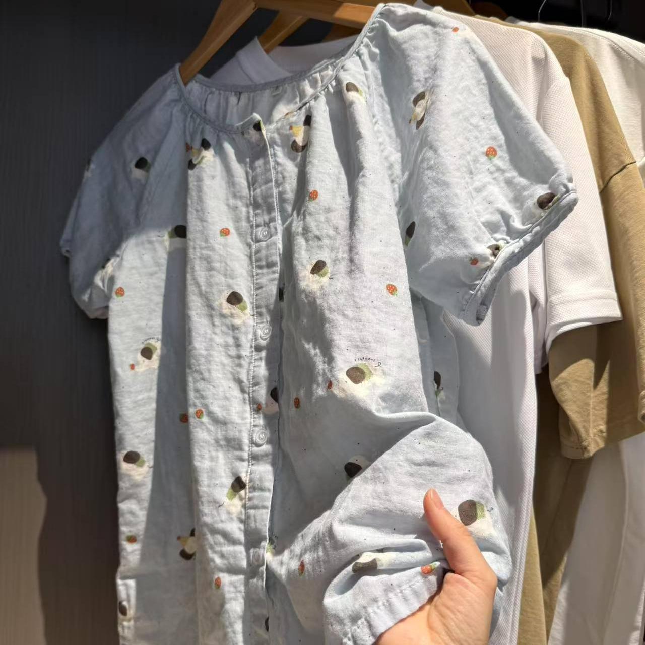 Class A all-cotton double-layer yarn round-neck pajamas, short sleeves, long sleeves, shorts, long pants, postpartum home wear set, cartoon breathable pic 27