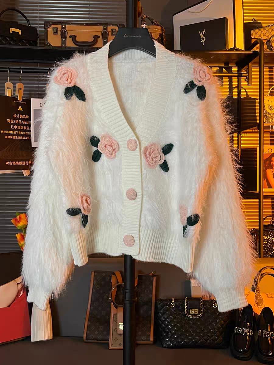 A new autumn loose and thick long-sleeved knitted sweater in solid color for women, featuring a little chanel-style rose sweater cardigan pic 9