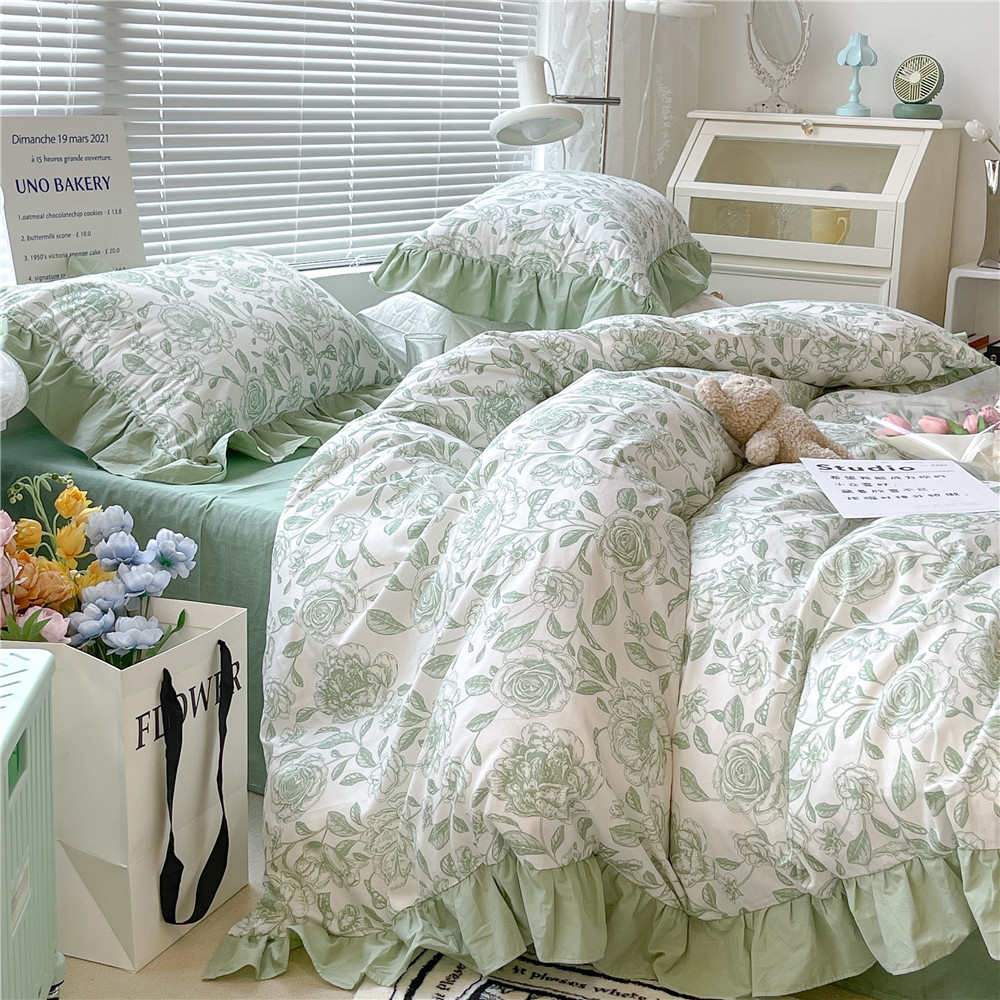 French Hepburn style pure cotton four-piece set, high-end feel, pure cotton black and white sketch flower duvet cover, all-cotton edge bedding pic 58