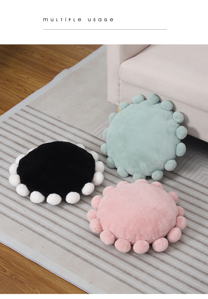 新款仿兔毛流苏抱枕ins靠枕法式奶油风手工缝制坐垫圆形球球靠垫详情11