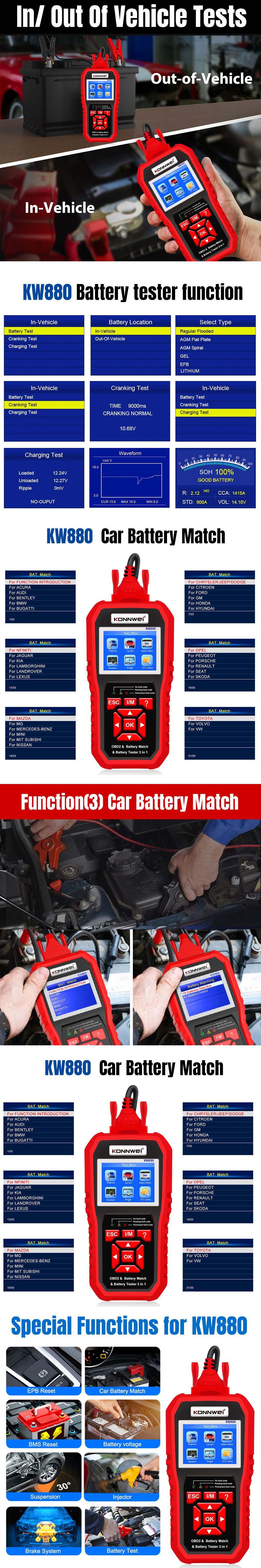 The customized KW880 is a three-in-one machine that integrates automotive diagnostic tools, automotive battery testers, and automotive battery matching pic 5