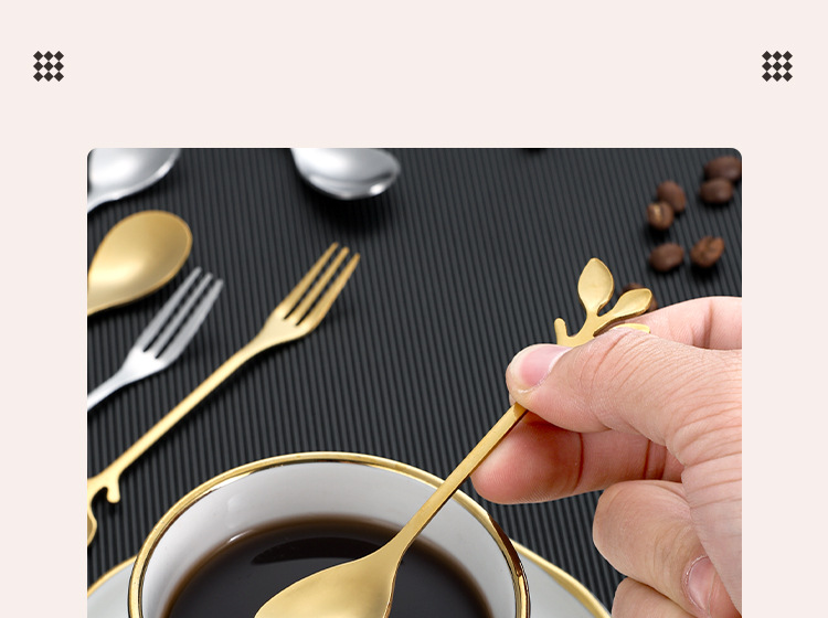 不锈钢勺子金色树叶勺水果叉伴手礼勺咖啡搅拌勺蜂蜜勺燕窝咖啡勺详情3