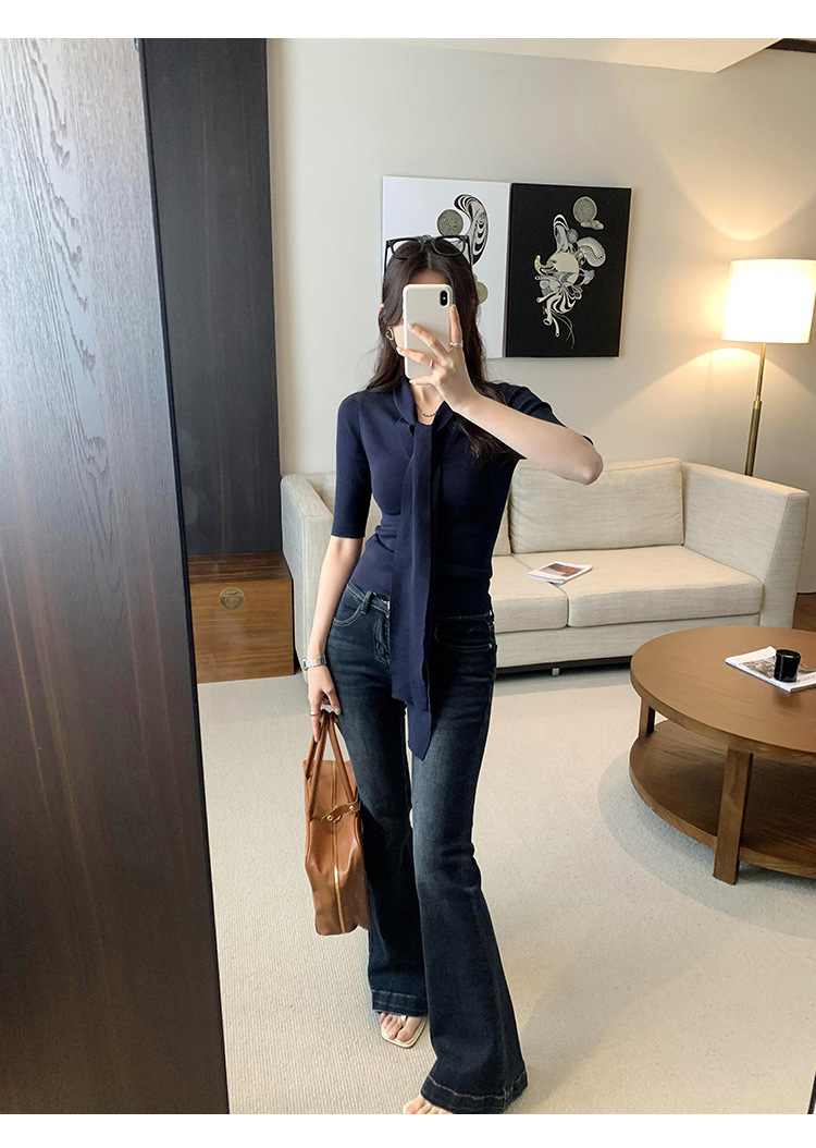 法式别致辣妹V领系带修身短袖针织衫女春夏2025新款气质显瘦上衣详情15