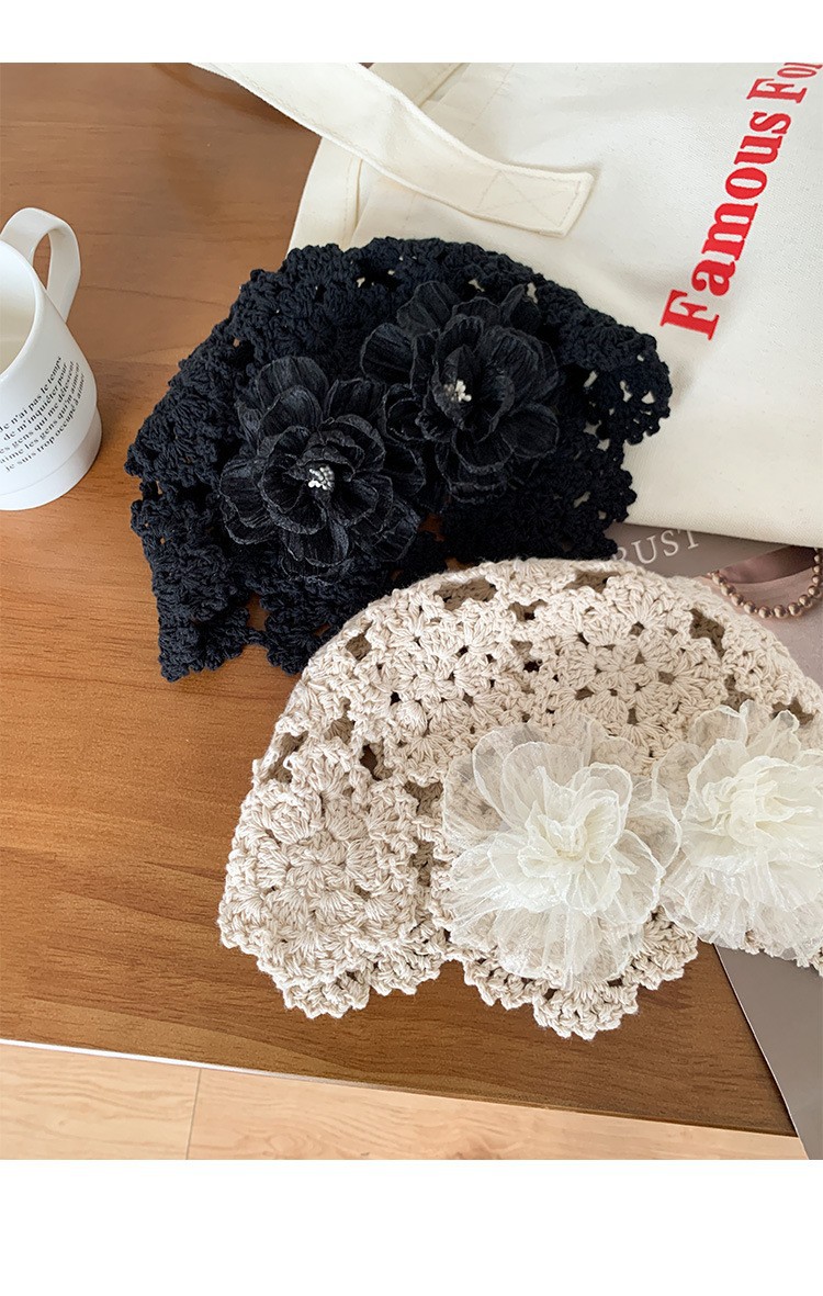 Summer thin Korean-style hollowed-out pearl flower hand-knitted headpiece hat for women, sweet, cute, fashionable and niche hat pic 16