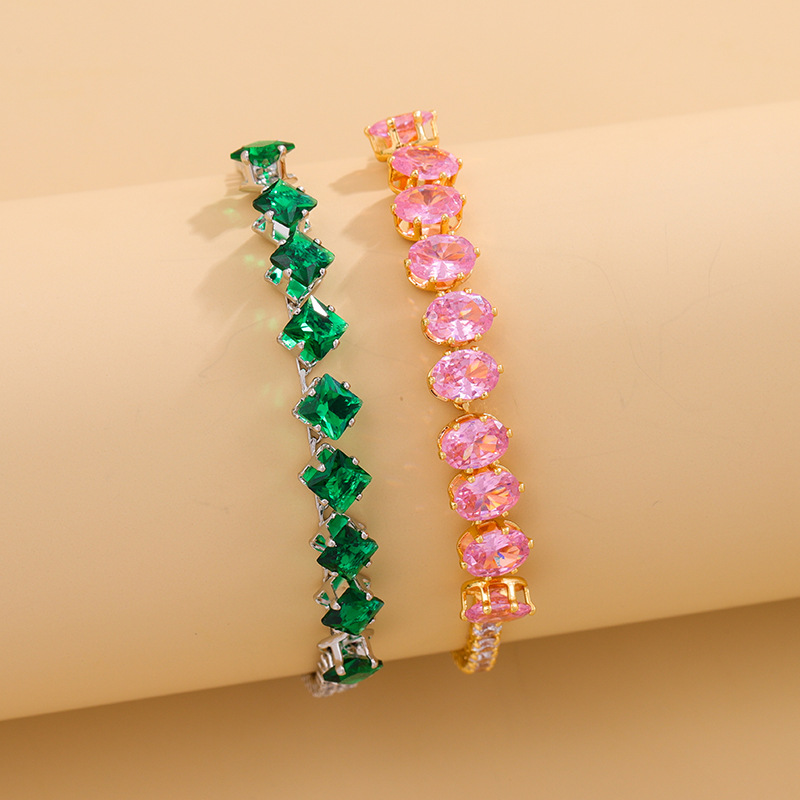 跨境新款高级感祖母绿锆石手链时尚百搭满钻少女粉手镯手链批发详情2