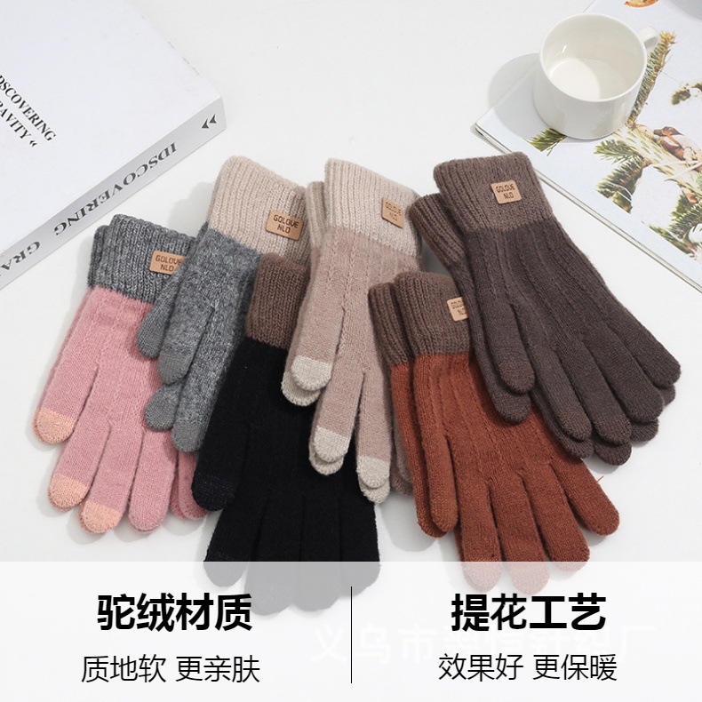 Fleece and thickened warm and cold-proof five-fingered gloves, cycling fleece touch screen, student winter windproof jacquard knitted gloves pic 4