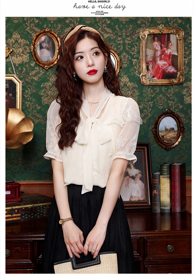 2024年夏季女装高级感蕾丝雪纺衬衫女设计感小众别致蝴蝶结衬衣详情17