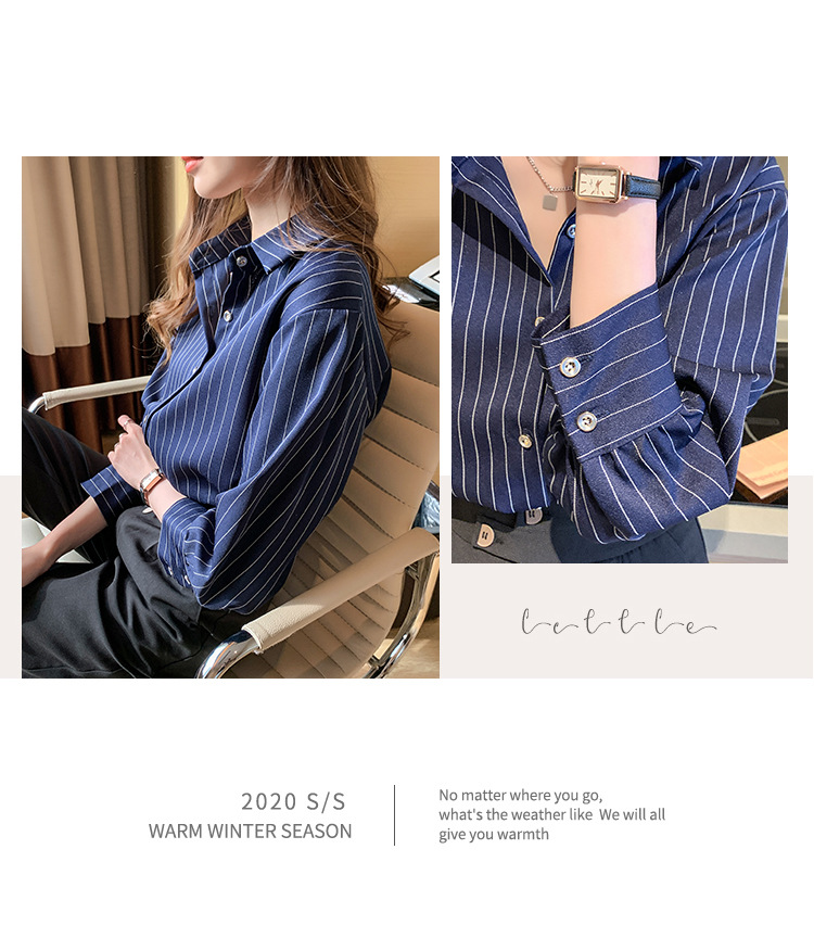 This vertical striped chiffon shirt for women with three-quarter sleeves is a new autumn collection. It features a unique and mature design with a sense of elegance and drape pic 10