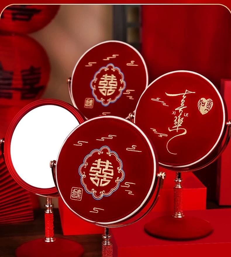 结婚陪嫁刺绣化妆镜礼盒一对红色新娘出嫁喜女方嫁妆婚庆用品大全详情14
