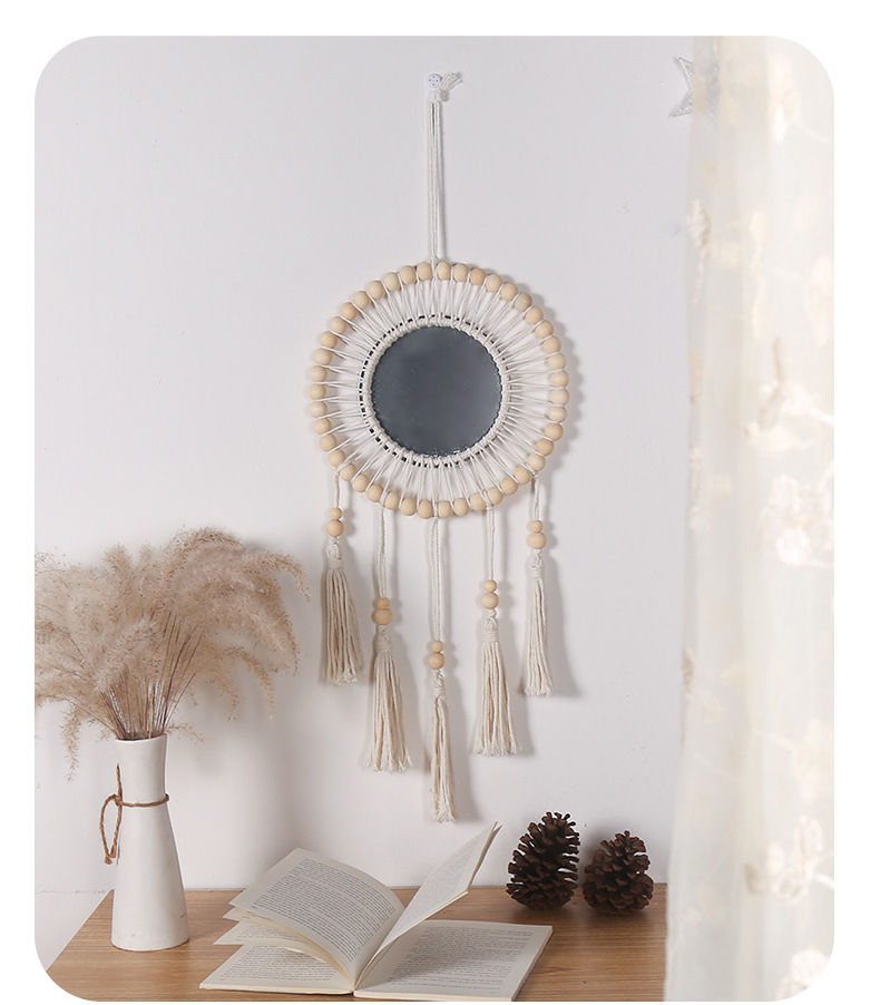 波西米亚风格木珠棉绳流苏镜子小挂饰挂件家居墙壁装饰工艺品镜子详情7