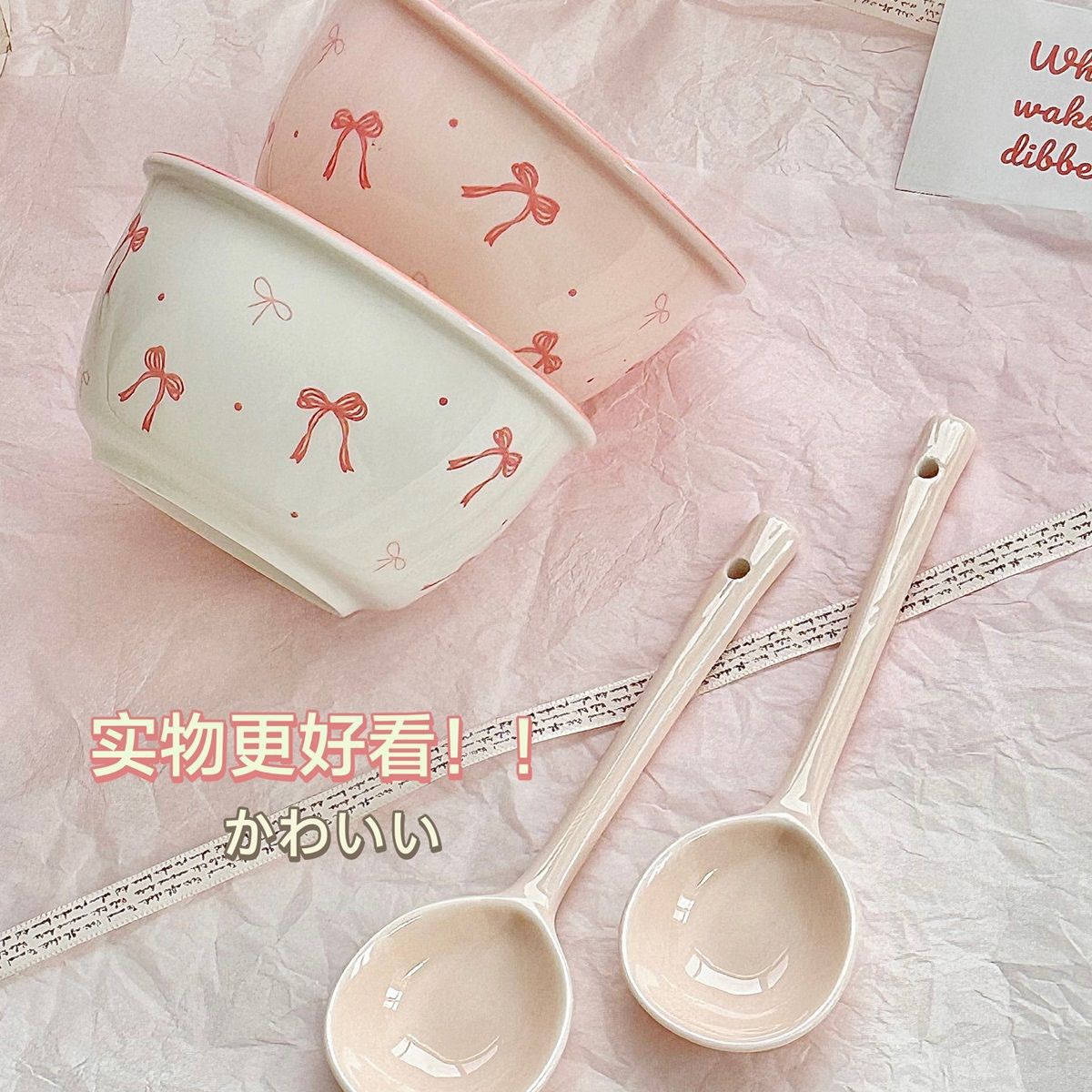 Cute household underglaze ceramic tableware with high appearance level, couple bowl set, dormitory rice bowl and spoon set pic 4