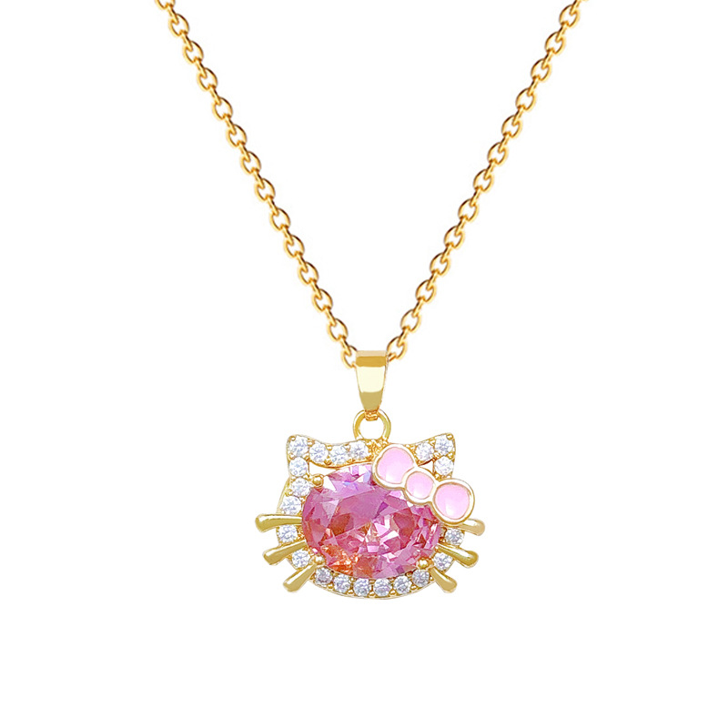 【钛钢】粉色猫咪蝴蝶结轻奢气质华丽满钻项链女百搭锁骨钛钢链详情14