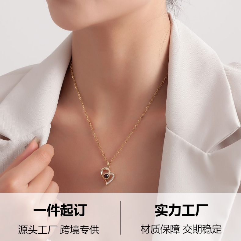 【私人定制】不锈钢镶钻歪桃心投影照片项链情侣彩色照片定制项链详情3