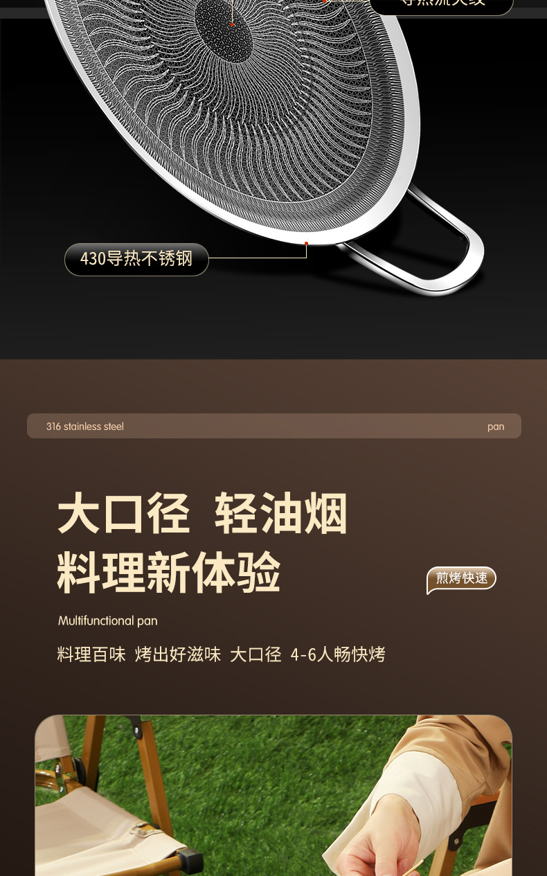316不锈钢烤盘韩式户外露营不粘锅 卡式炉专用铁板烧煎烤肉盘家用详情15