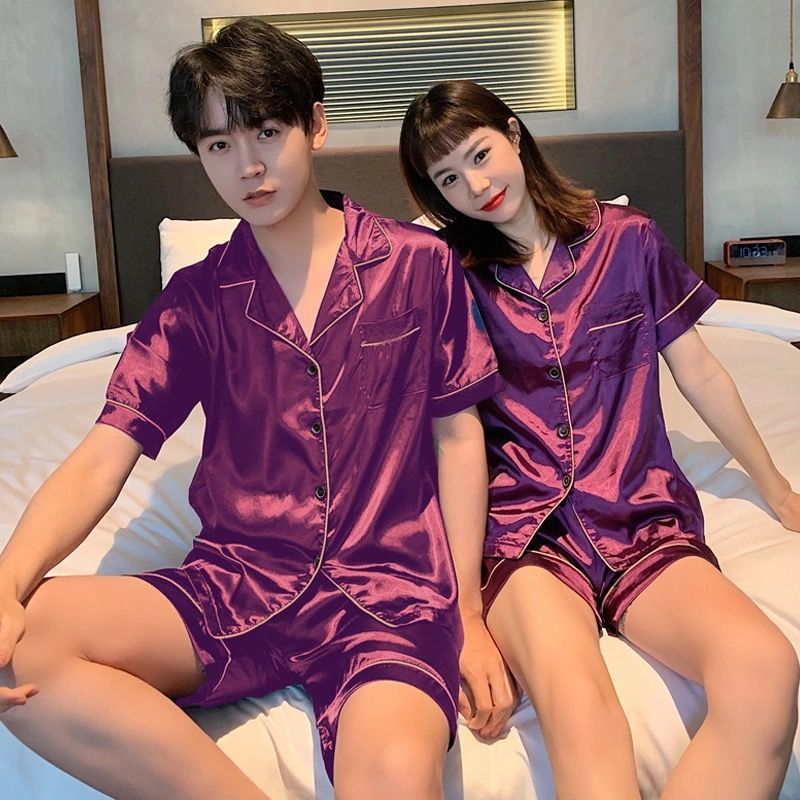 A wholesale set of short-sleeved couple pajamas for spring and autumn, featuring solid ice silk color faux silk for both men and women, can be worn as outerwear for home wear pic 13
