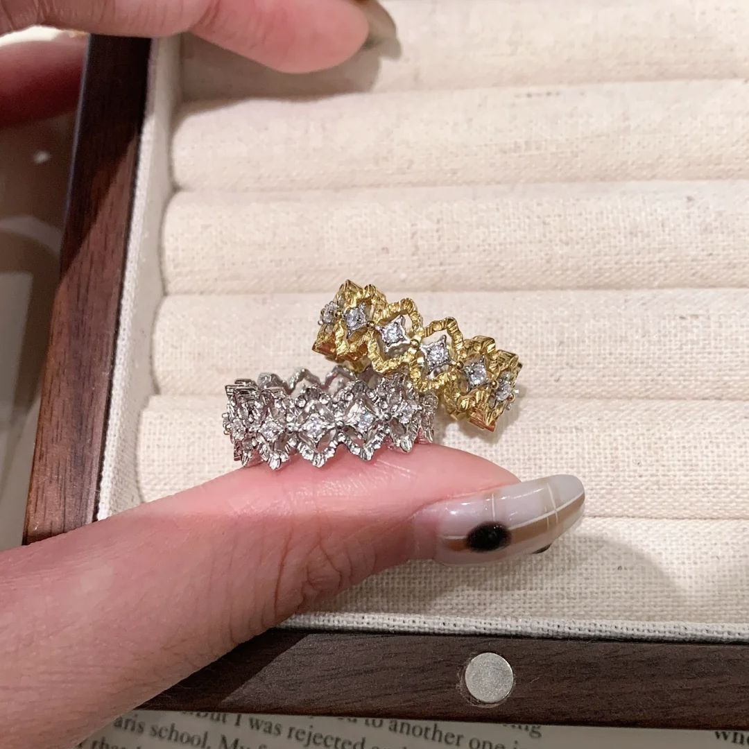 意大利布契风蕾丝花边戒指Vintage中古拉丝菱格镂空调金镶钻指环戒指饰品详情5