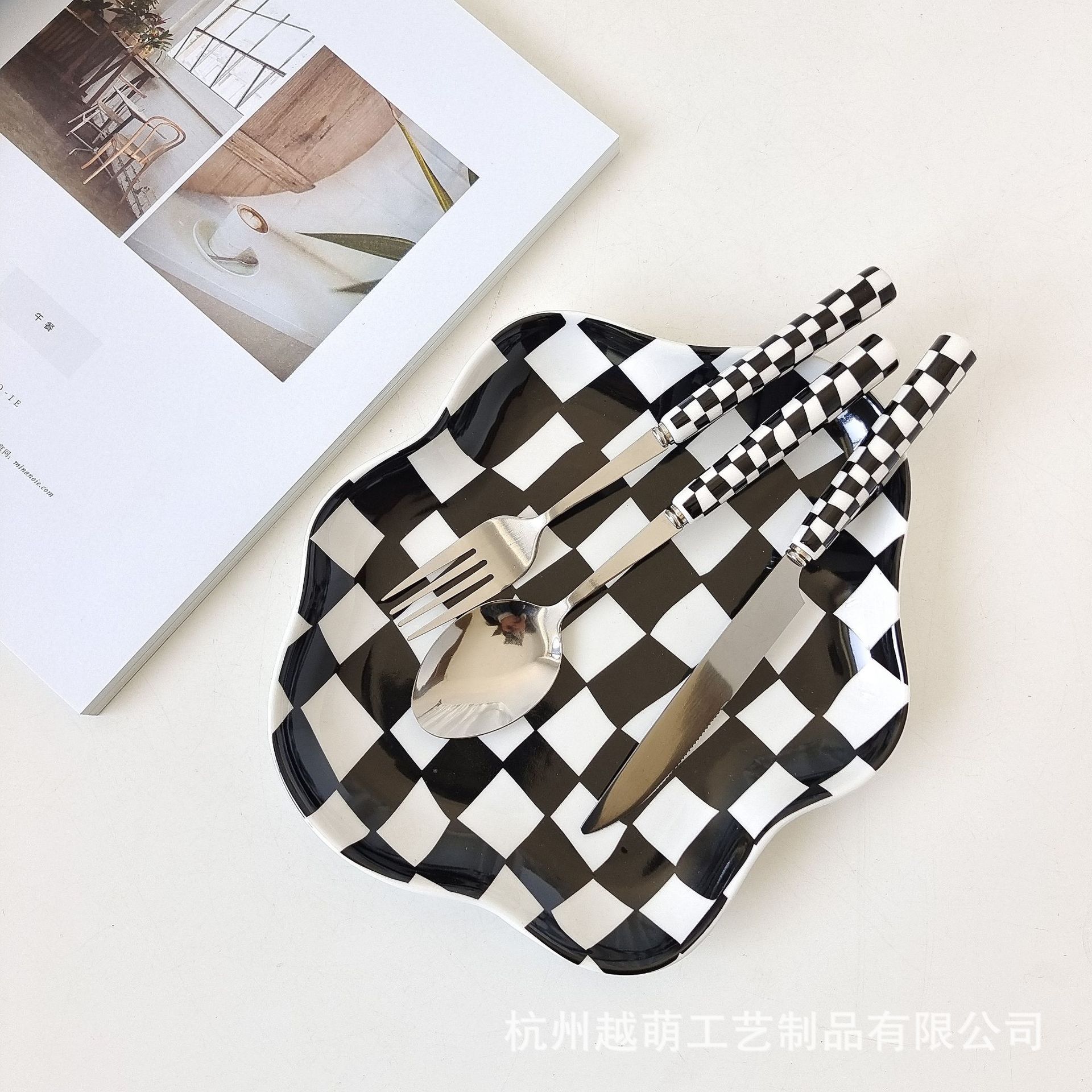 ins风博主同款日韩棋盘格刀叉勺子西餐甜品餐具套装牛排刀不锈钢详情12