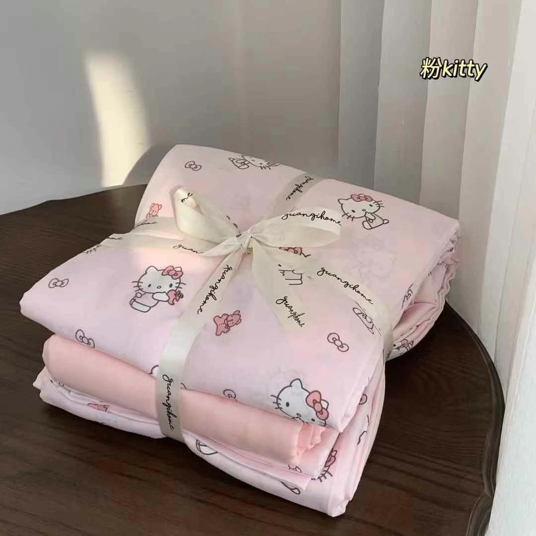 A set of three or four pieces with fresh small floral print double-layer yarn, pure cotton soft naked sleeping quilt cover and cartoon bedding pic 15