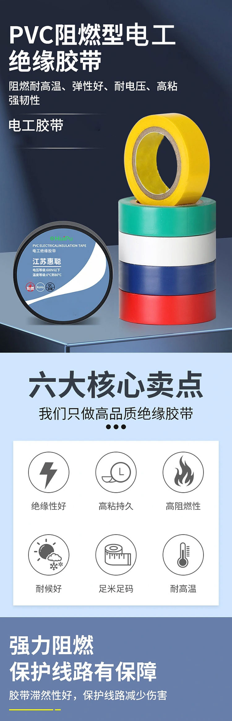 pvc电工绝缘胶带ce高粘度耐高温高压耐寒彩色阻燃安全黑电气胶布详情5