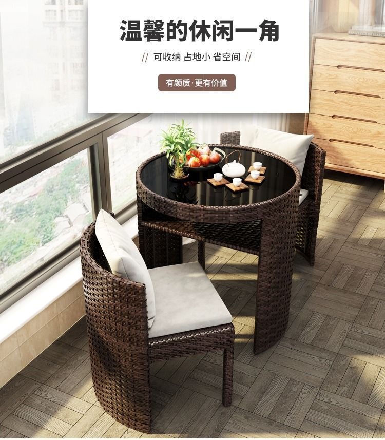 The balcony tea table and chair set can store small-sized household tables and chairs, outdoor rattan chairs, three-piece sets, and leisure coffee tables and chairs pic 2