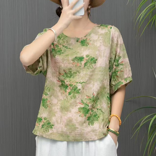 2025 Summer New Style artistic printed cotton and linen shirt, retro loose large size round-neck pullover, elegant T-shirt for women pic 7