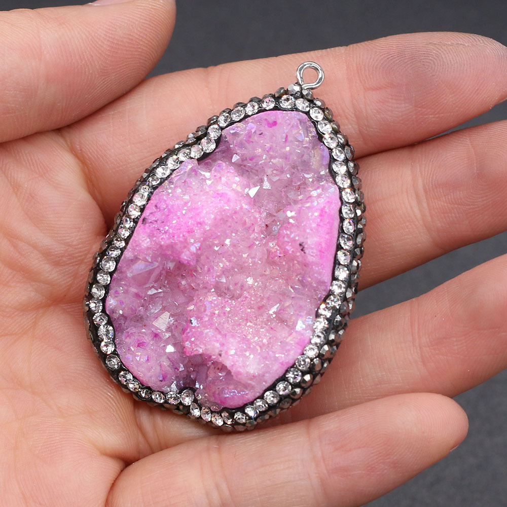 Natural semi-precious stone irregularly shaped agate crystal bud diamond-encrusted edge pendant DIY jewelry accessory, handcrafted wholesale pic 9