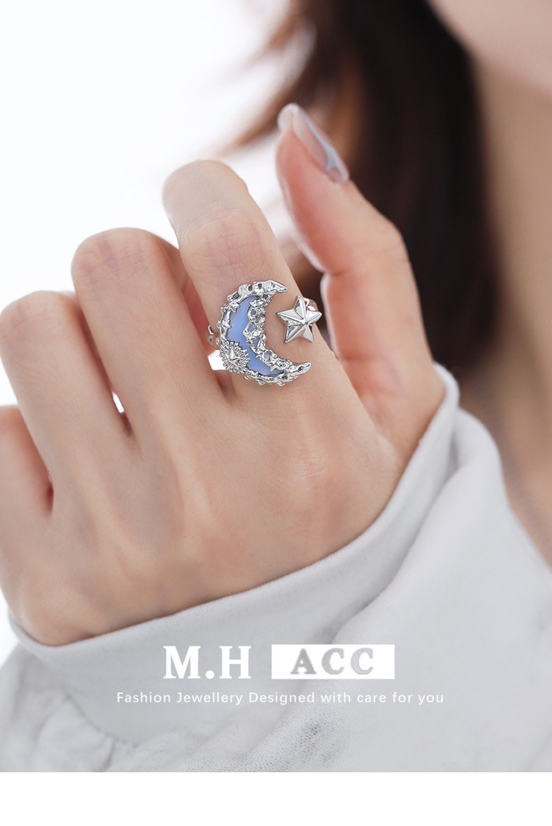 Original lava blue moon ring for women, a niche design with a light luxury and high-end feel, unique and individual index finger ring pic 4
