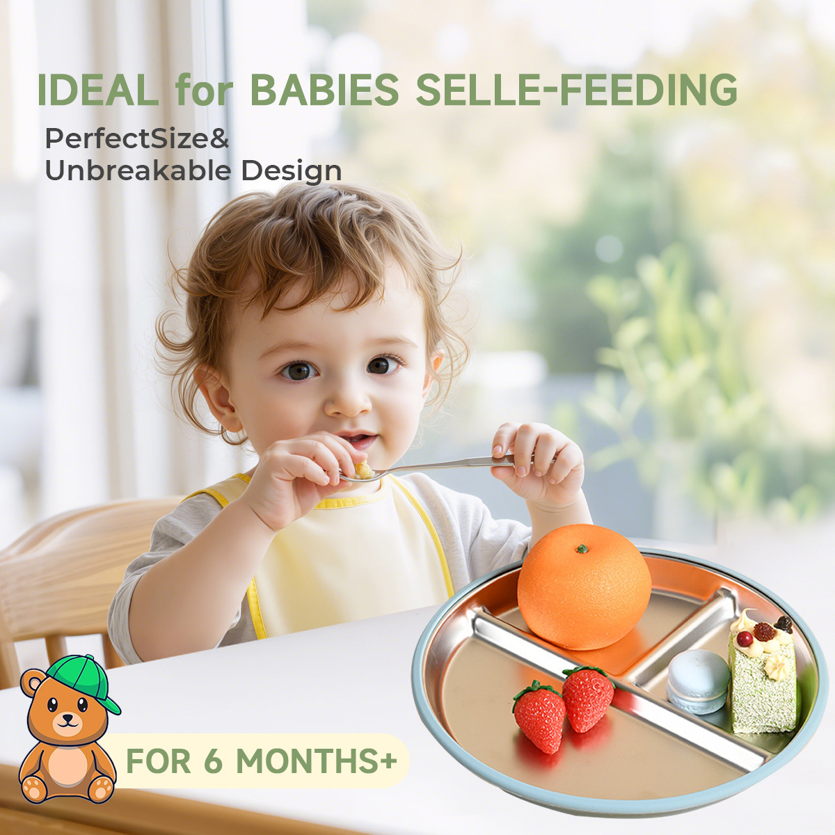 亚马逊儿童餐盘食品级304不锈钢盘幼儿吸盘式硅胶防摔宝宝分格盘详情2