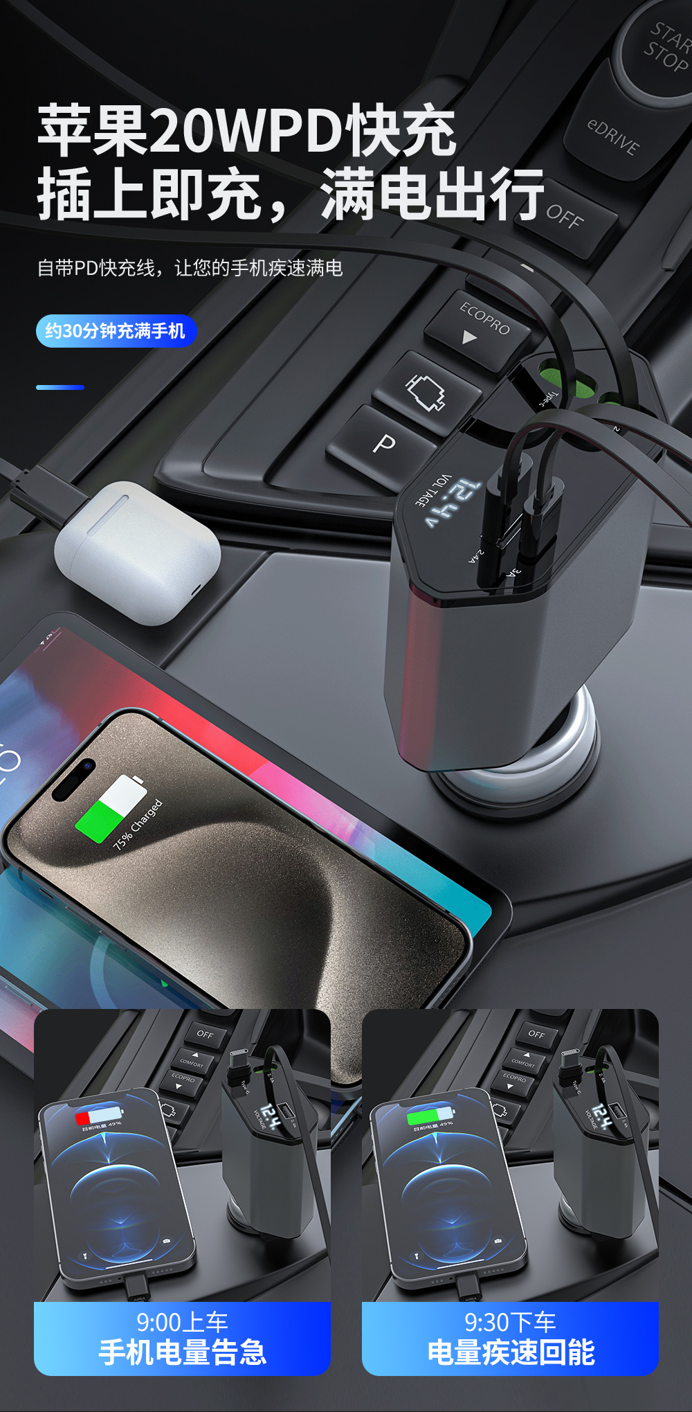 Car mobile phone charger, super fast charging, retractable cable, one-to-four flash charging, cigarette lighter, suitable for car, Apple car charger pic 6
