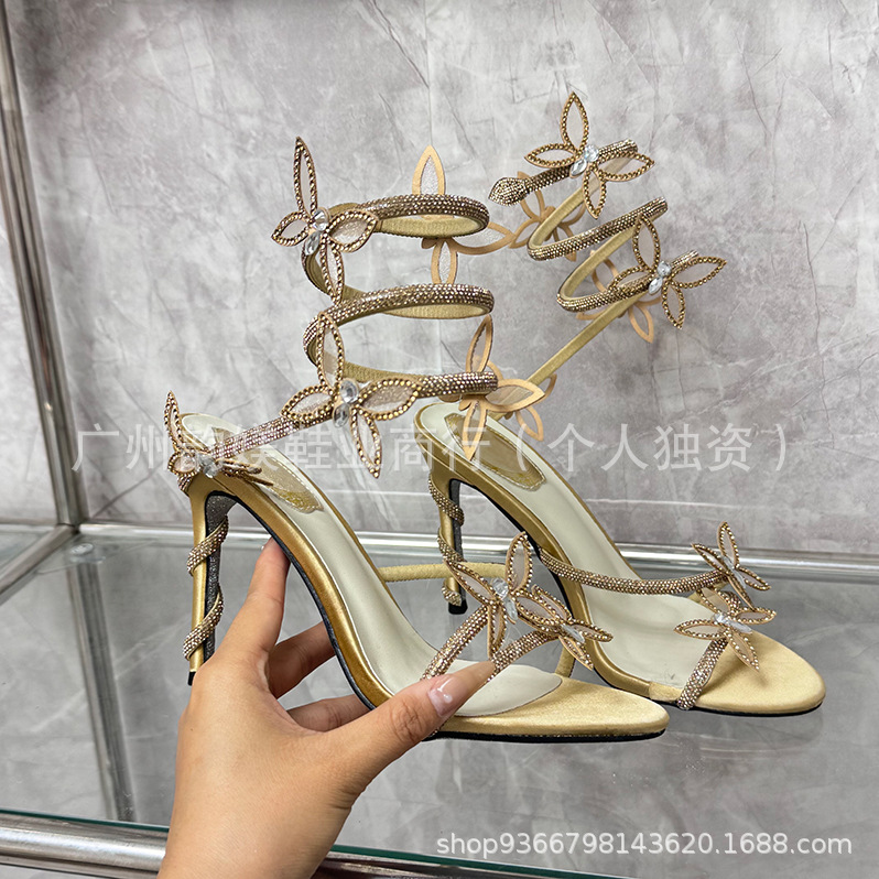 正确版现货R蛇环水钻高跟鞋欧美外贸细跟花朵蝴蝶欧美名媛婚鞋女详情24